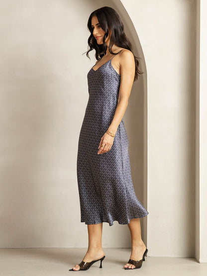Rosstef 19Momme Silk Navy Ginkgo Print V Neck Midi Dress