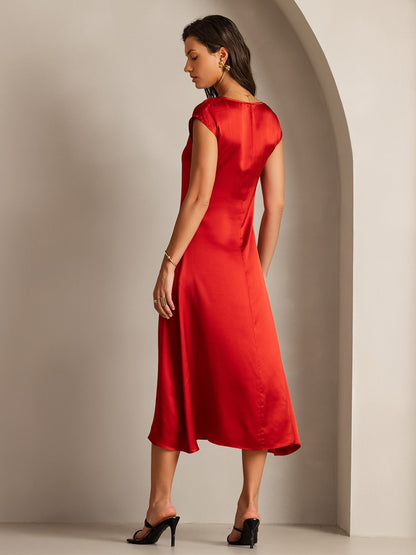 Rosstef 19Momme Silk Cap Sleeve Round Neck Midi Dress