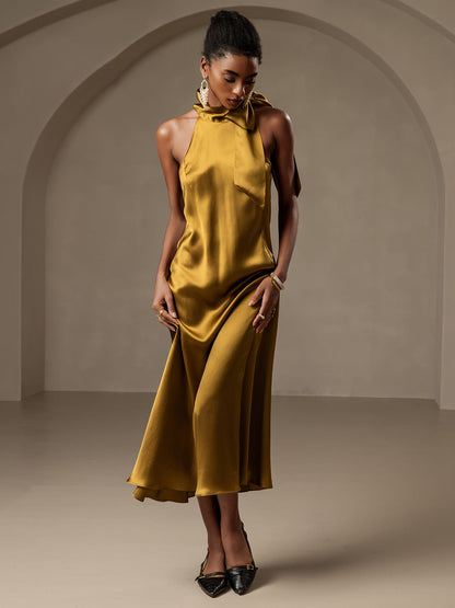 Rosstef 19Momme Silk Sleeveless Tie Neck Midi Dress