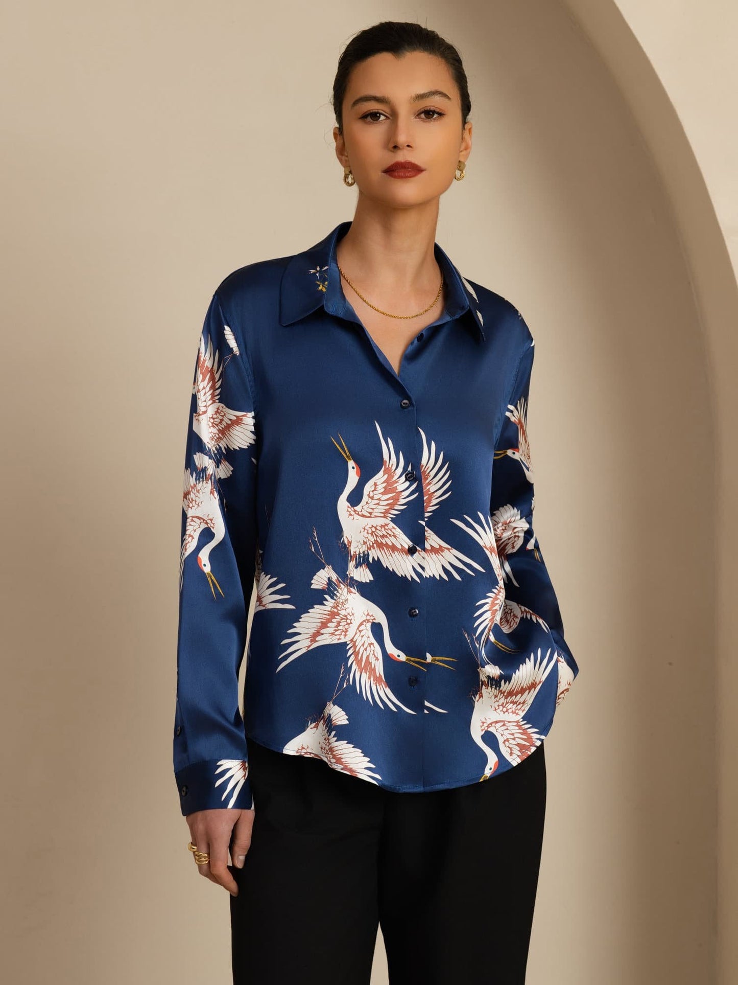 Rosstef 100% Mulberry Silk Long Sleeve Lapel Collar Women's Crane Print Button Blouse