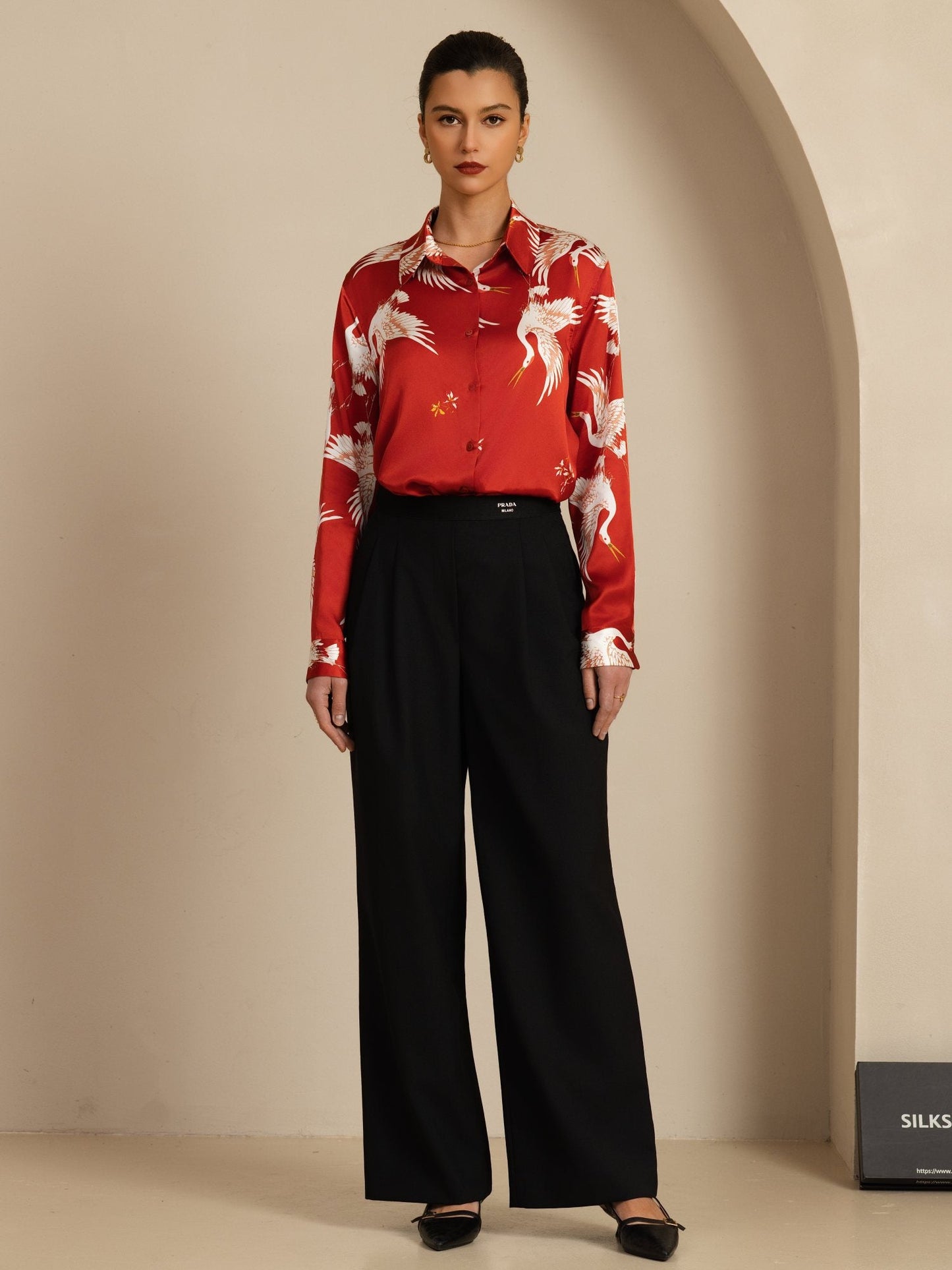 Rosstef 100% Mulberry Silk Long Sleeve Lapel Collar Women's Crane Print Button Blouse