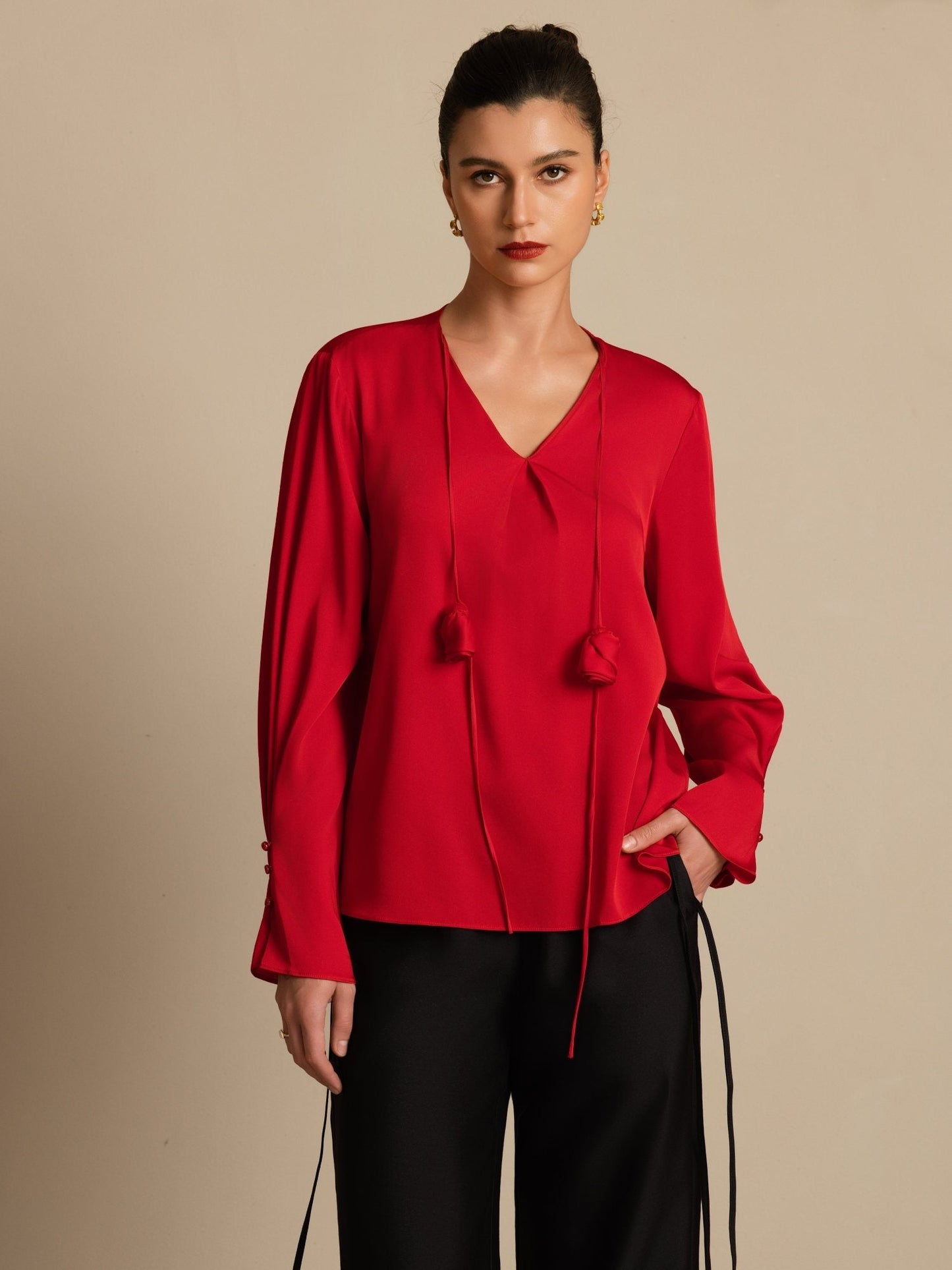 Rosstef 19Momme Stretch Silk V Neck Long Sleeve Blouse