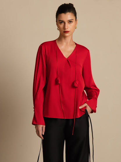 Rosstef 19Momme Stretch Silk V Neck Long Sleeve Blouse