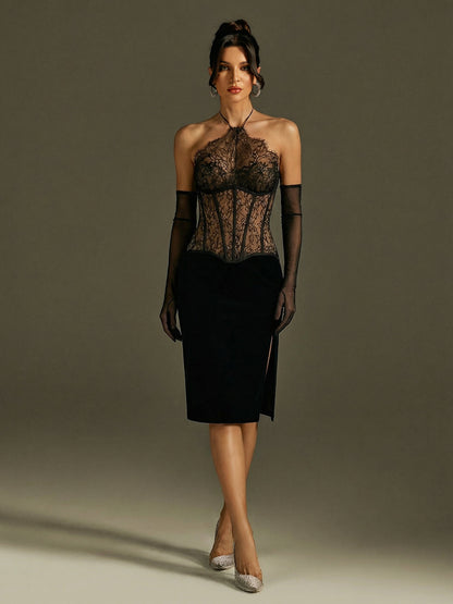 Rosstef Halterneck Corset Lace Midi Dress