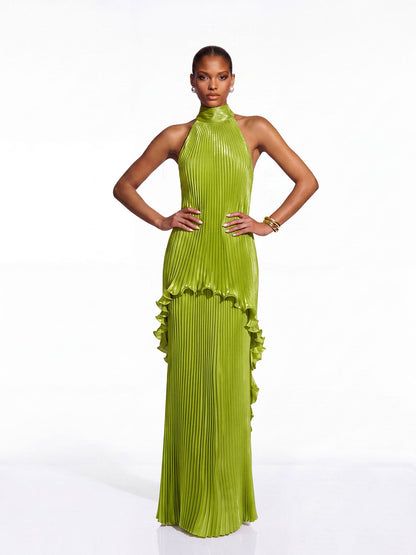 Sorynex Pleated Metallic Maxi Dress In Chartreuse