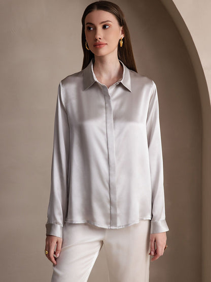 Rosstef 19Momme Silk Long Sleeve Lapel Collar Kadın Bluzu