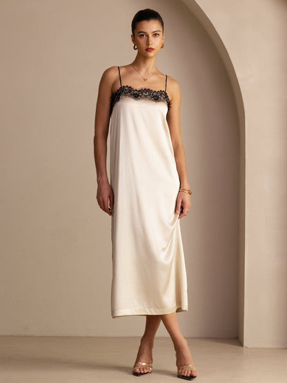 Rosstef 19Momme Silk Square Neck Spaghetti Strap Lace Midi Dress