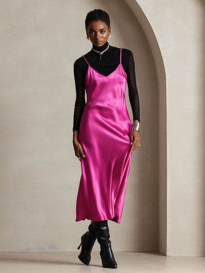 Rosstef 100% Mulberry Silk Spaghetti Strap V Neck Midi Dress