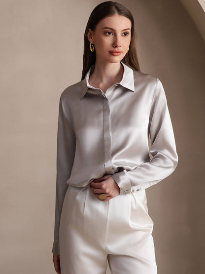 Rosstef 19Momme Silk Long Sleeve Lapel Collar Kadın Bluzu