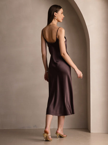 Rosstef 100% Mulberry Silk Spaghetti Strap V Neck Midi Dress