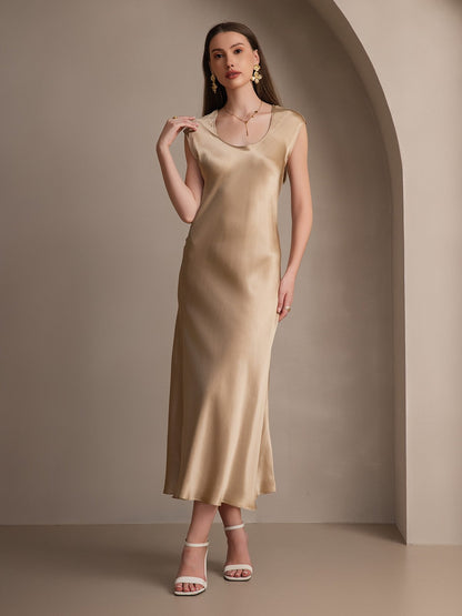 Rosstef 19Momme Silk Cap Sleeve Round Neck Midi Dress