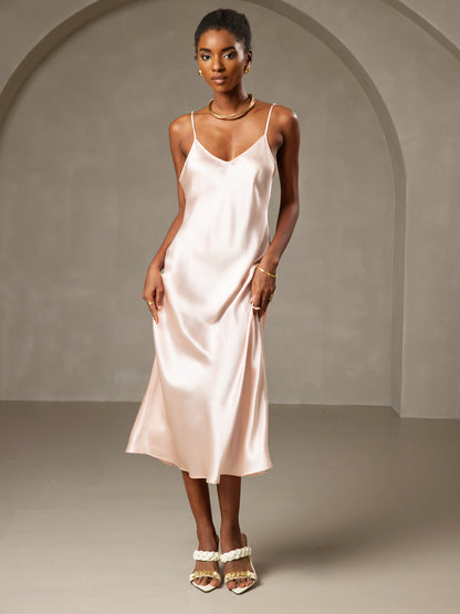 Rosstef 100% Mulberry Silk Spaghetti Strap V Neck Midi Dress