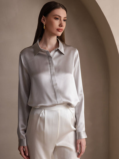 Rosstef 19Momme Silk Long Sleeve Lapel Collar Kadın Bluzu