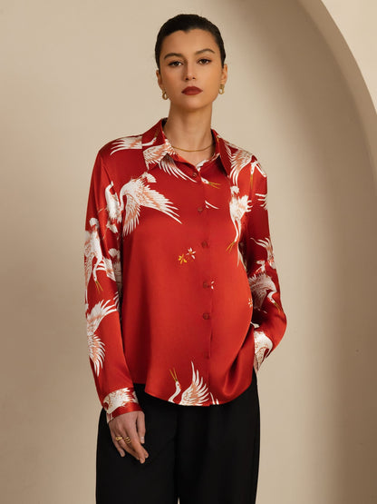 Rosstef 100% Mulberry Silk Long Sleeve Lapel Collar Women's Crane Print Button Blouse