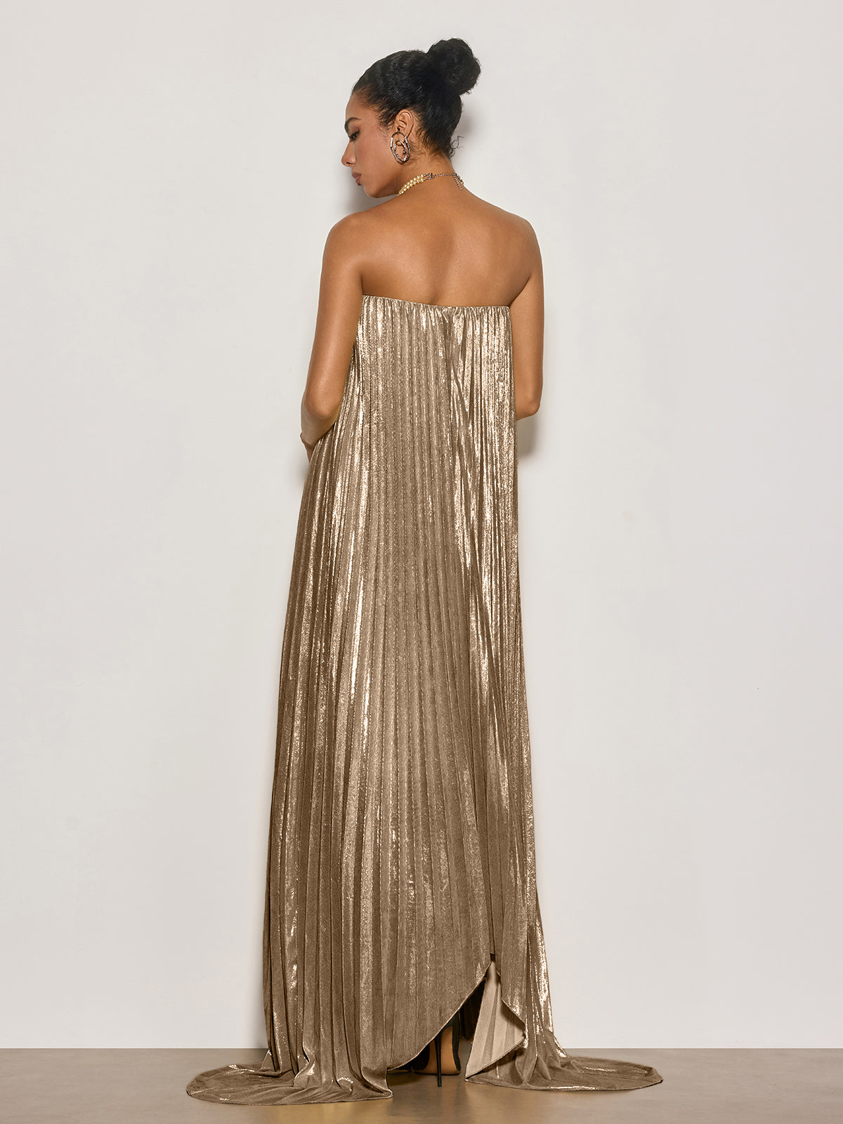 Cynara Strapless Pleated Metallic Maxi Dress In Gold