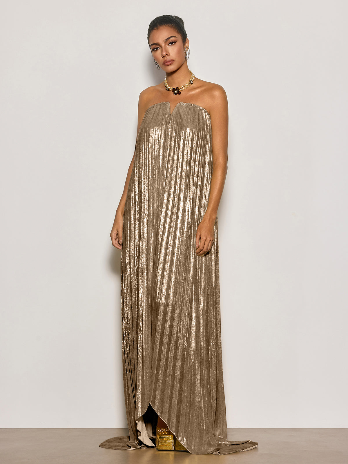 Cynara Strapless Pleated Metallic Maxi Dress In Gold