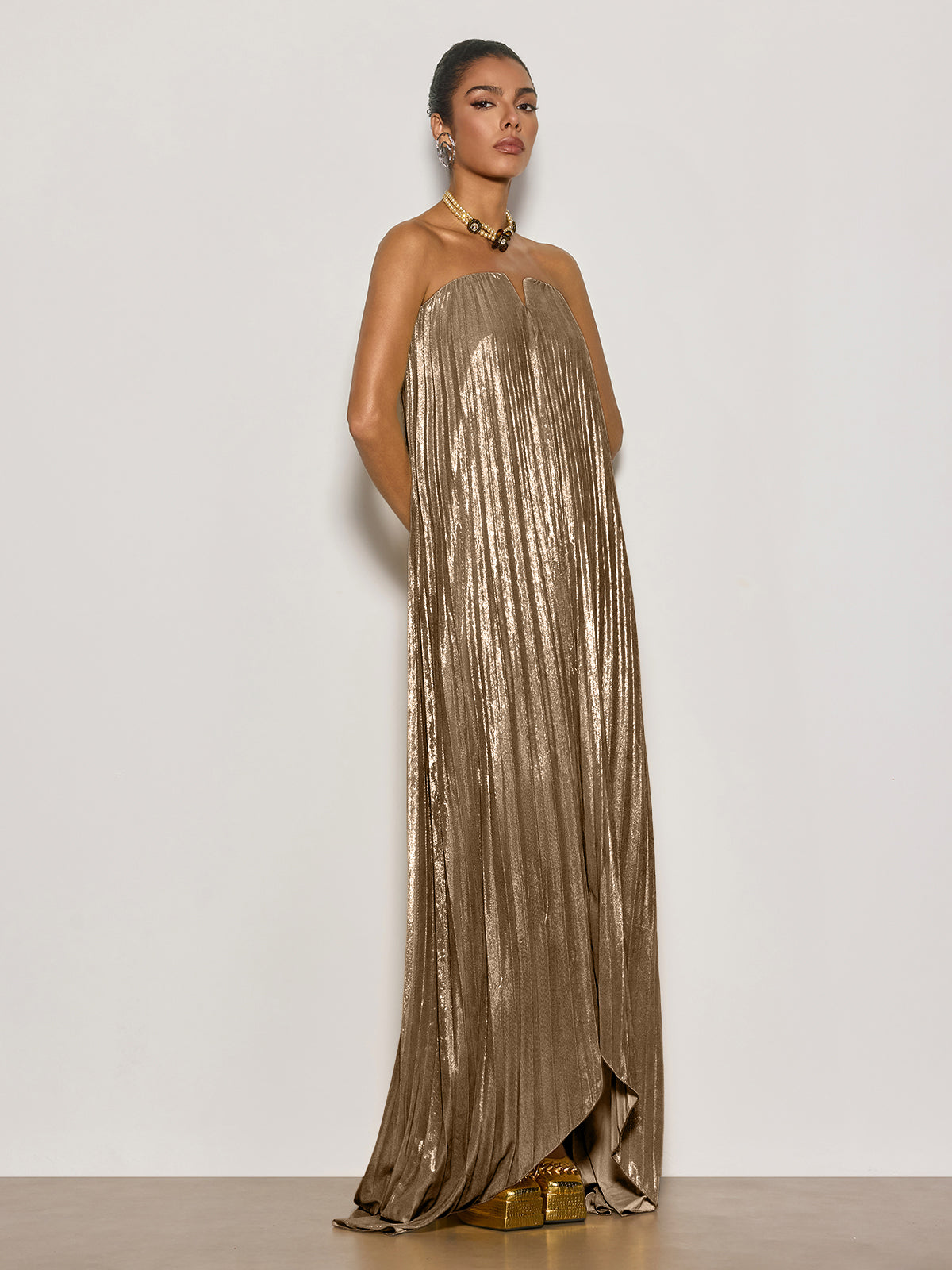 Cynara Strapless Pleated Metallic Maxi Dress In Gold