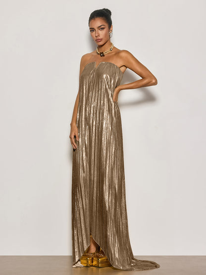 Cynara Strapless Pleated Metallic Maxi Dress In Gold