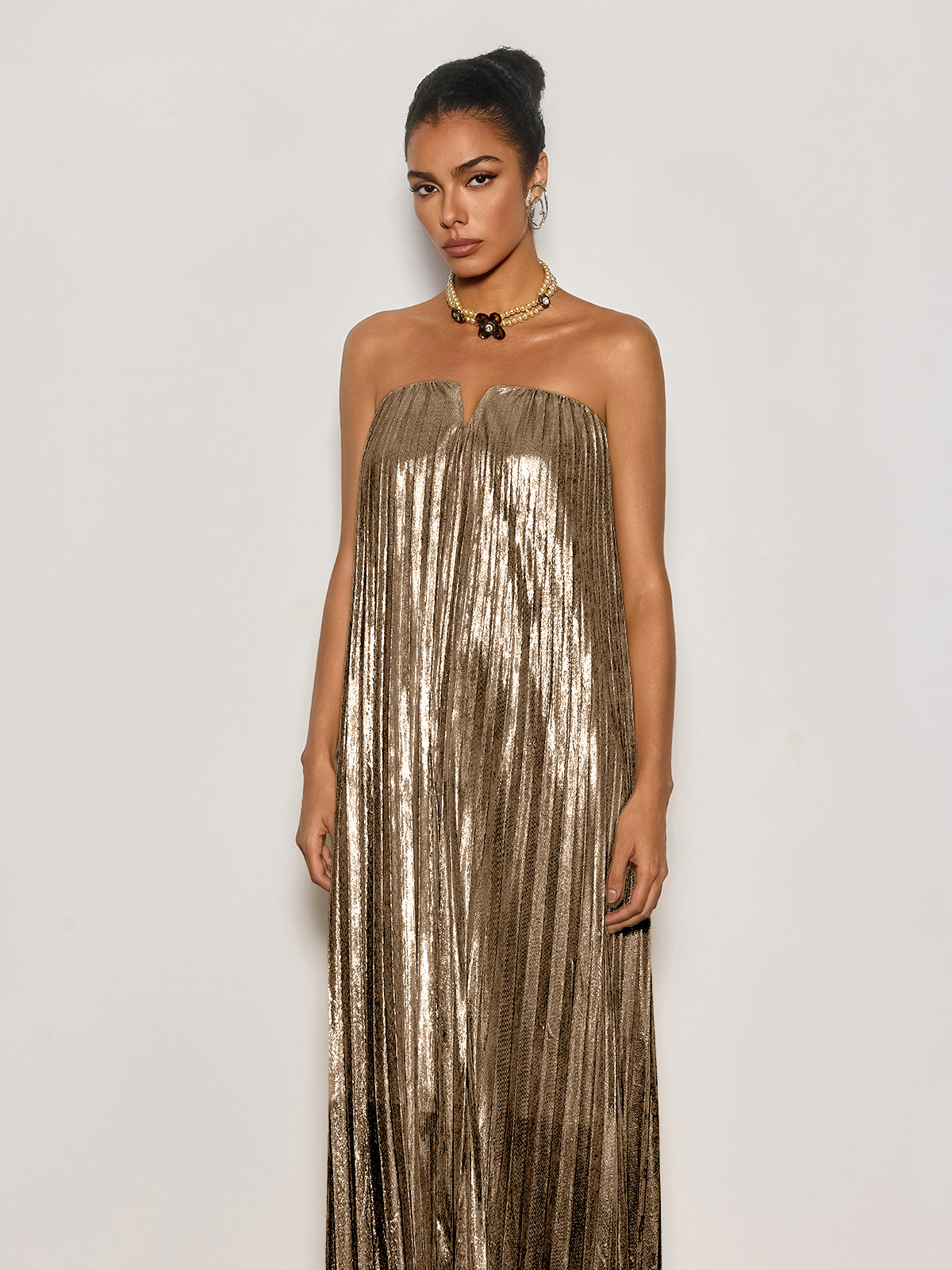 Cynara Strapless Pleated Metallic Maxi Dress In Gold