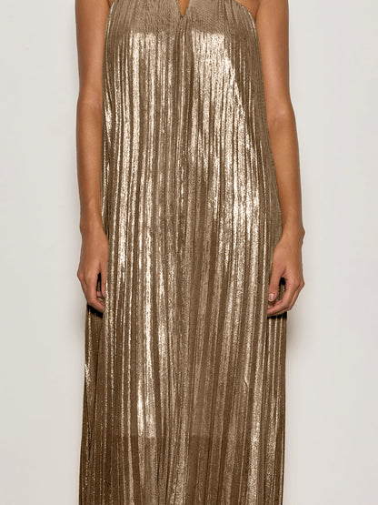Cynara Strapless Pleated Metallic Maxi Dress In Gold
