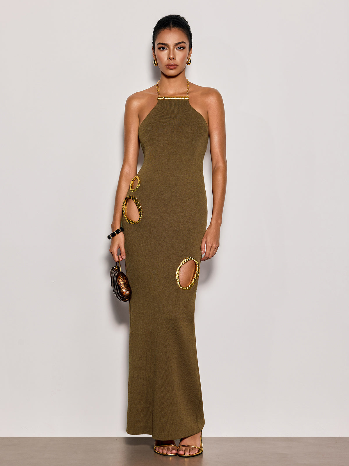 Gavrel Halterneck Cutout Maxi Dress In Brown