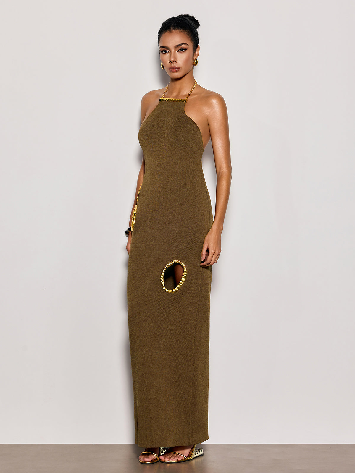 Gavrel Halterneck Cutout Maxi Dress In Brown