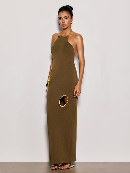 Gavrel Halterneck Cutout Maxi Dress In Brown