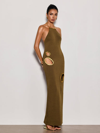 Gavrel Halterneck Cutout Maxi Dress In Brown