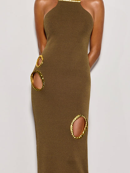 Gavrel Halterneck Cutout Maxi Dress In Brown