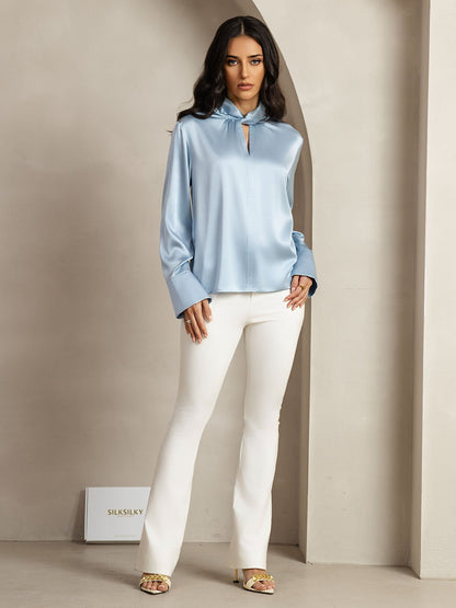 Rosstef 19Momme Silk Keyhole Neck Blouse with Pearl Buttons