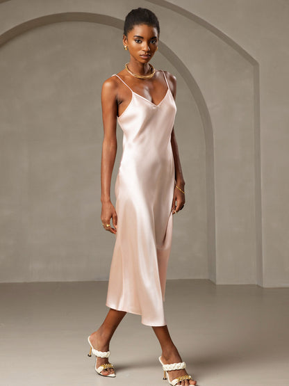Rosstef 100% Mulberry Silk Spaghetti Strap V Neck Midi Dress