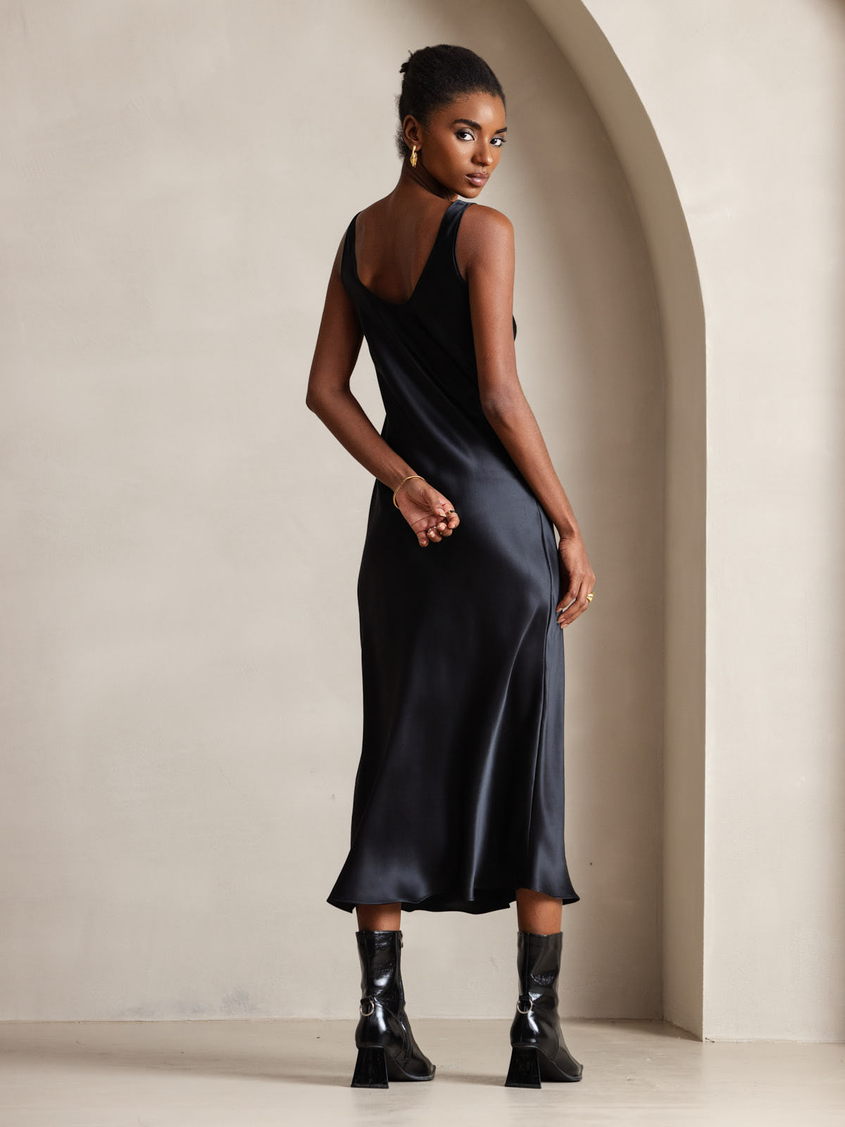 Rosstef 100% Mulberry Silk U Neck Midi Long Dress