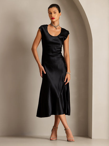 Rosstef 19Momme Silk Cap Sleeve Round Neck Midi Dress