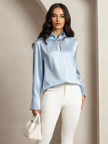 Rosstef 19Momme Silk Keyhole Neck Blouse with Pearl Buttons