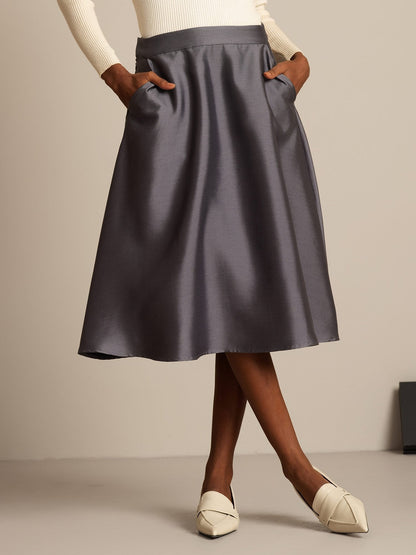 Rosstef 32Momme Silk-Wool Blend A Line Midi Skirt with Zipper Design