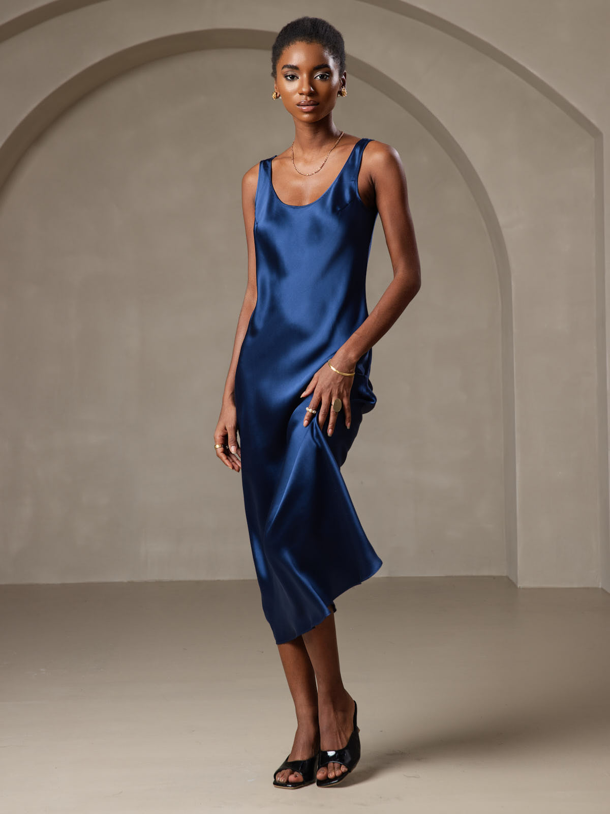 Rosstef 100% Mulberry Silk U Neck Midi Long Dress