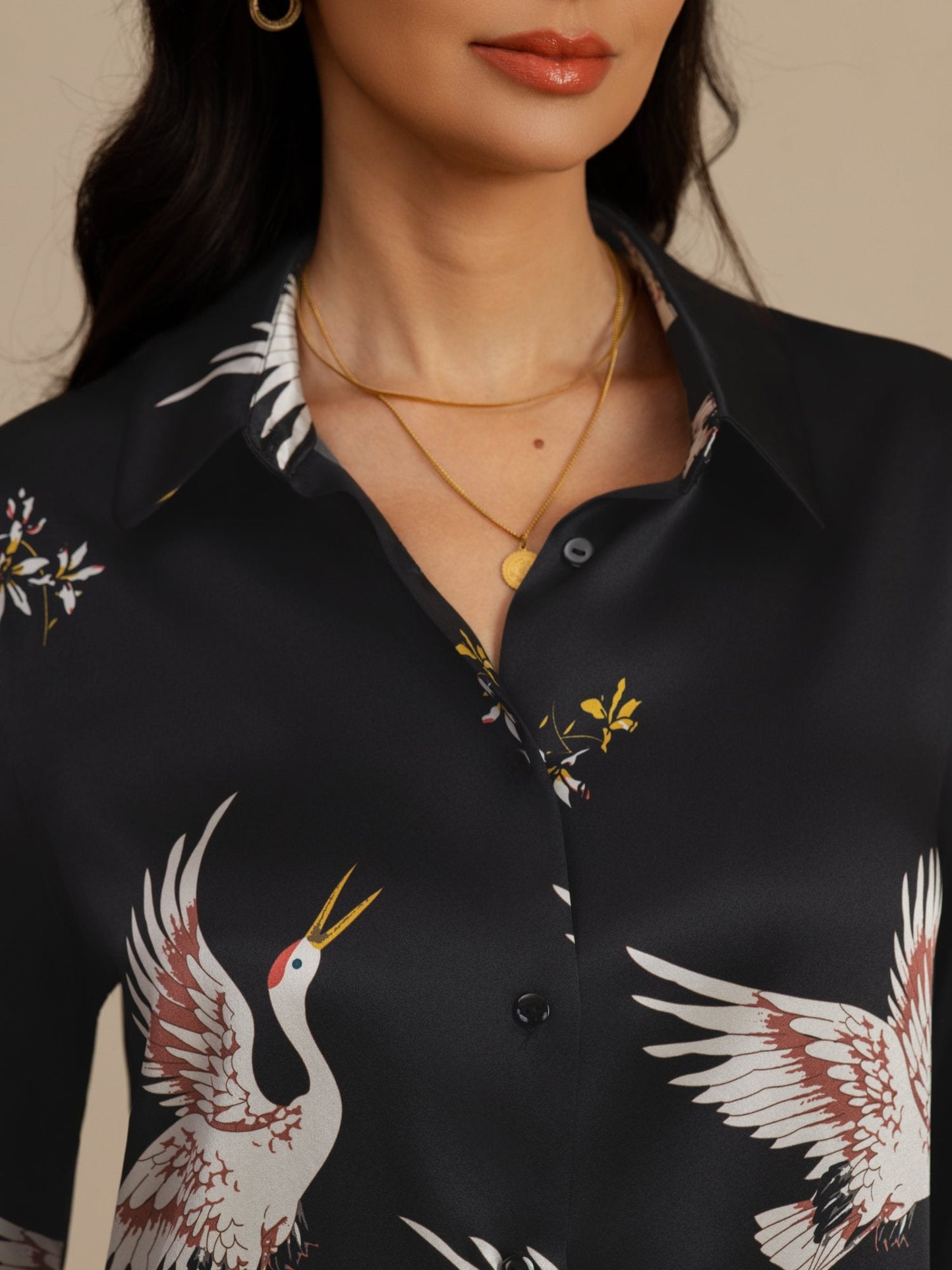 Rosstef 100% Mulberry Silk Long Sleeve Lapel Collar Women's Crane Print Button Blouse