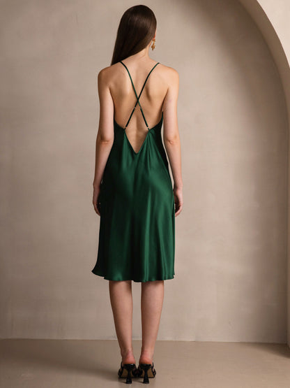 Rosstef Pure Silk Midi Dress with Criss Cross V-Back