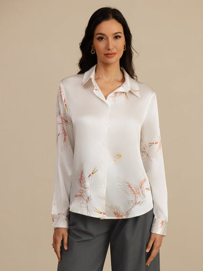 Rosstef 100% Mulberry Silk Long Sleeve Lapel Collar Women's Crane Print Button Blouse