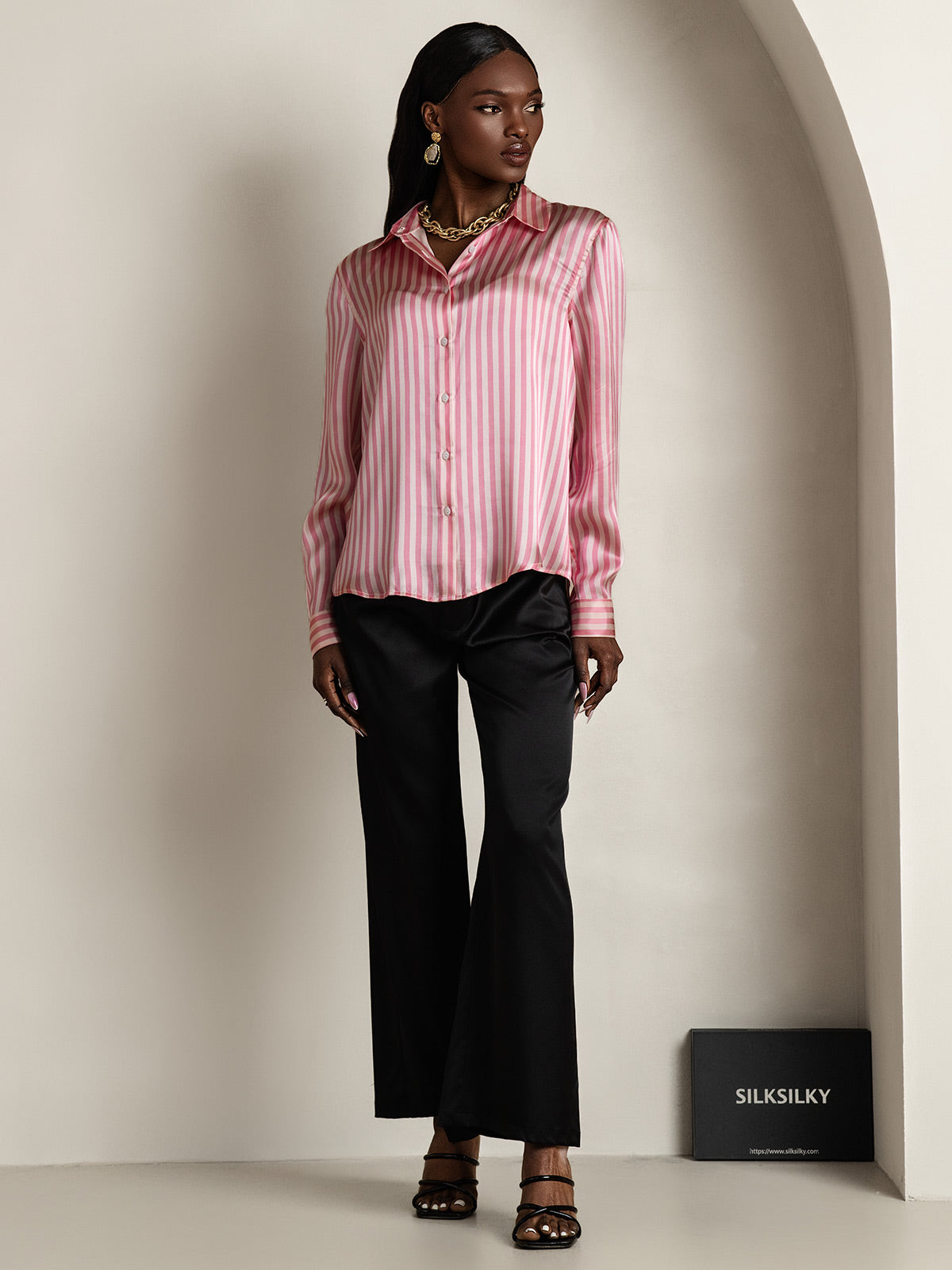 Rosstef 19Momme Silk Stripe Print Long Sleeve Lapel Collar Kadın Evi Giyimi