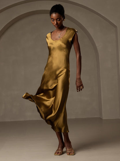 Rosstef 19Momme Silk Cap Sleeve Round Neck Midi Dress