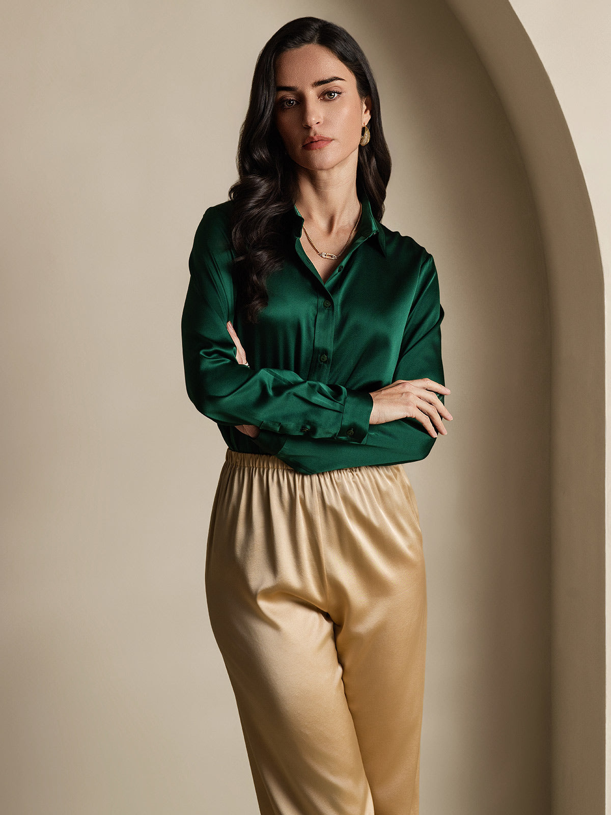 Rosstef 19Momme Silk Long Sleeve Lapel Collar Women's Shirt