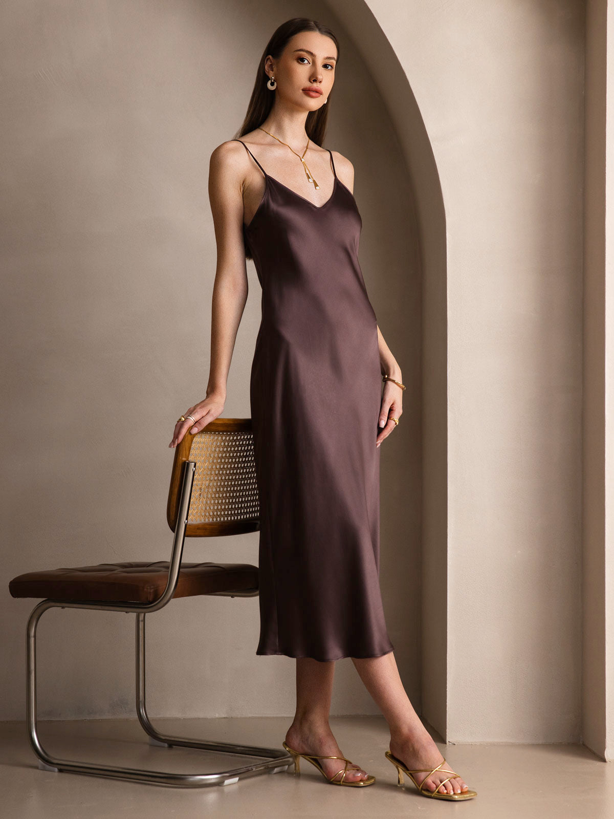 Rosstef 100% Mulberry Silk Spaghetti Strap V Neck Midi Dress
