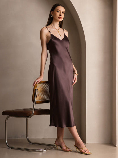 Rosstef 100% Mulberry Silk Spaghetti Strap V Neck Midi Dress