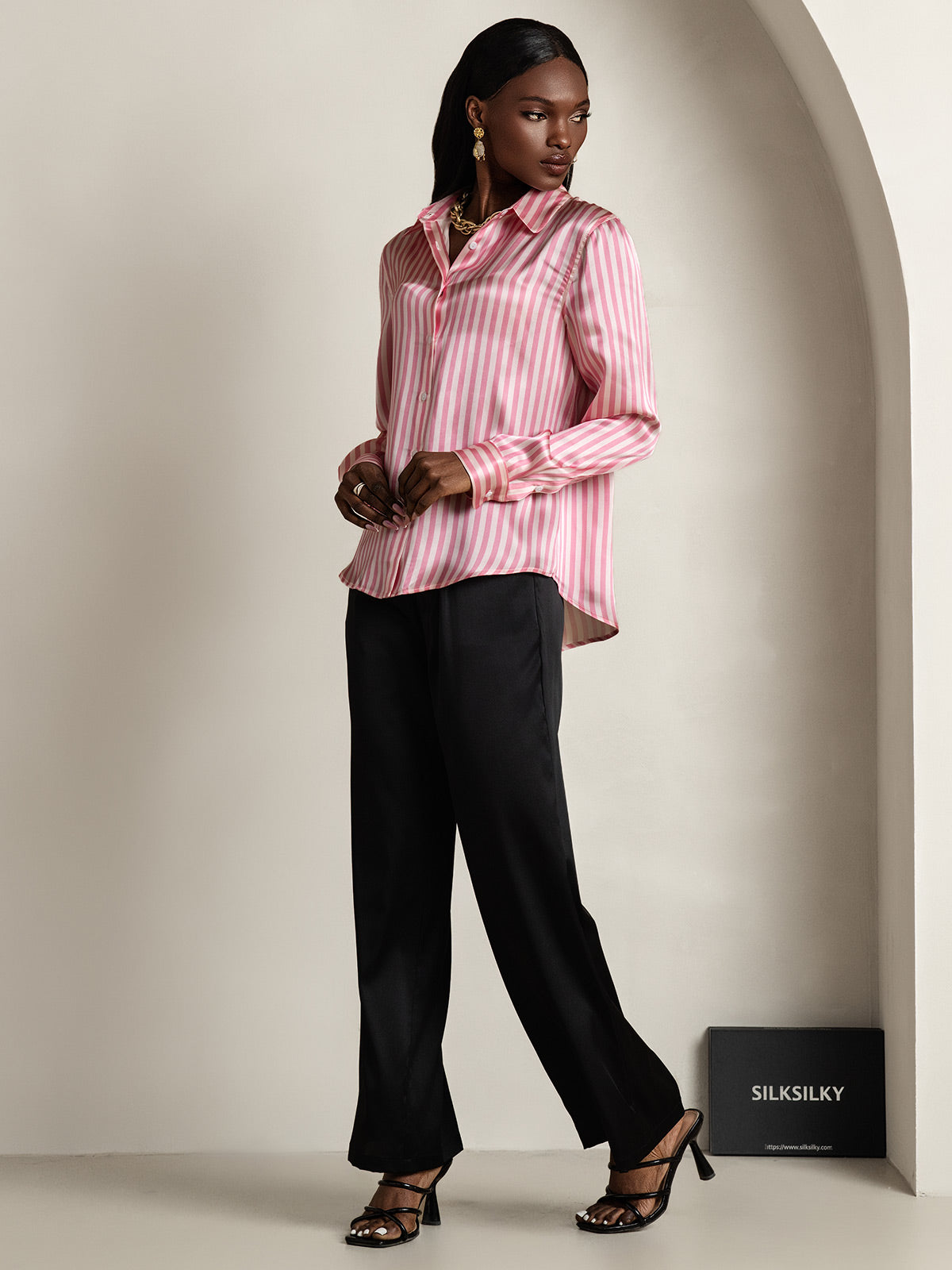 Rosstef 19Momme Silk Stripe Print Long Sleeve Lapel Collar Kadın Evi Giyimi