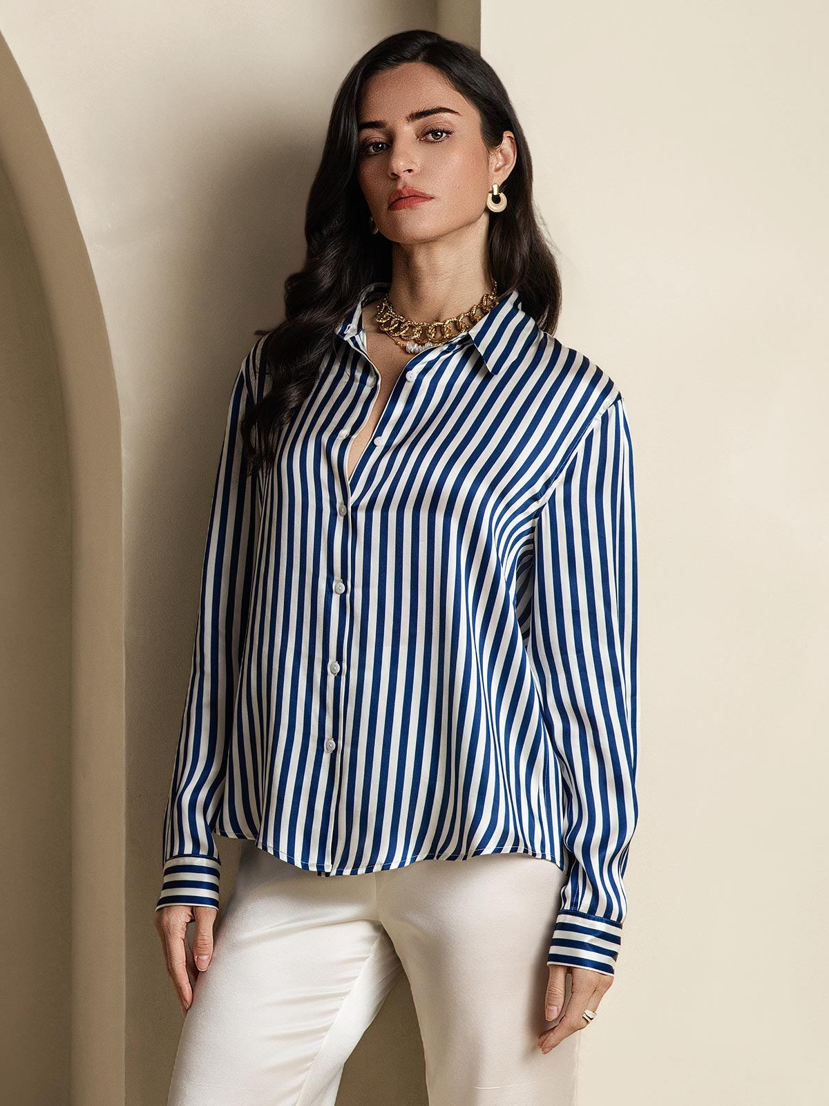 Rosstef 19Momme Silk Stripe Print Long Sleeve Lapel Collar Kadın Evi Giyimi