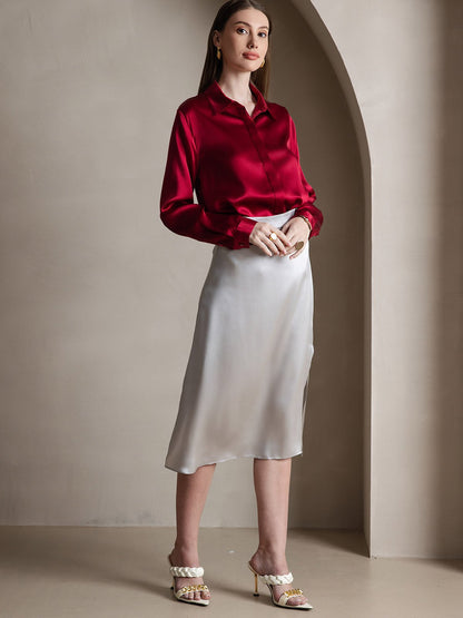Rosstef 19Momme Silk Long Sleeve Lapel Collar Kadın Bluzu