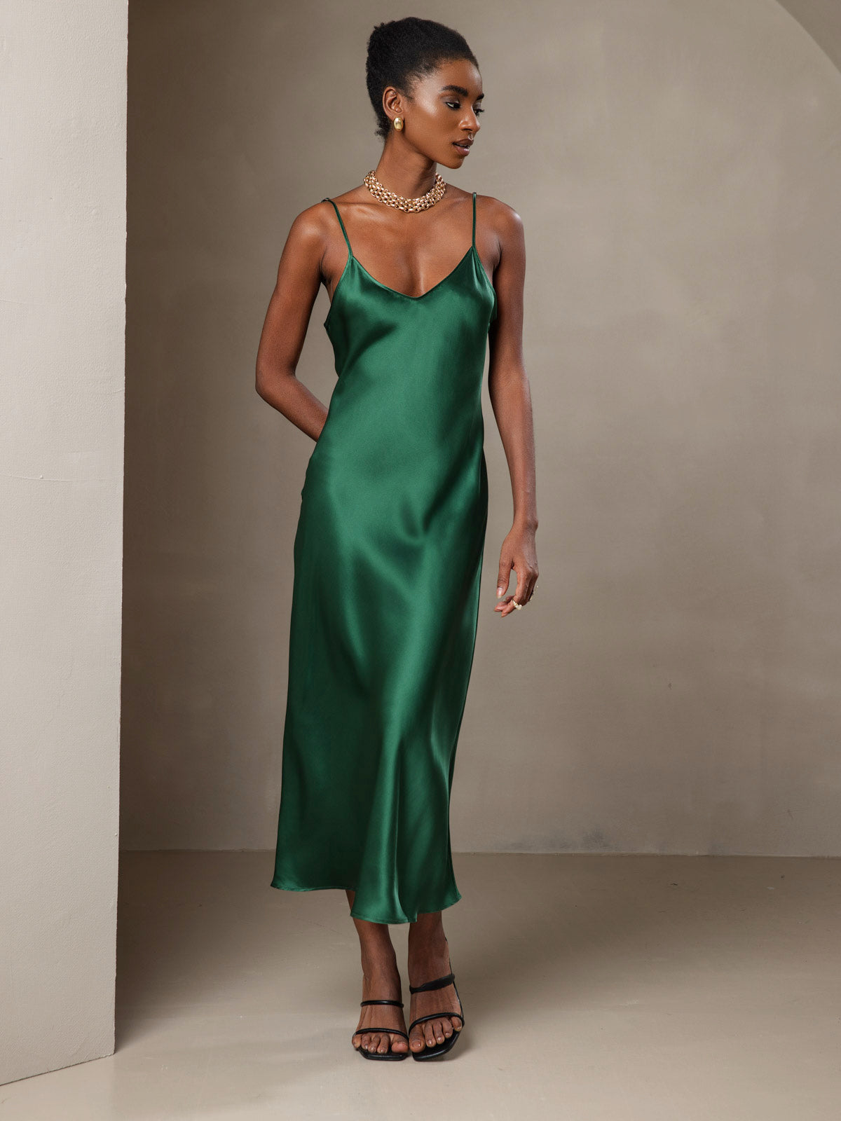 Rosstef 100% Mulberry Silk Spaghetti Strap V Neck Midi Dress