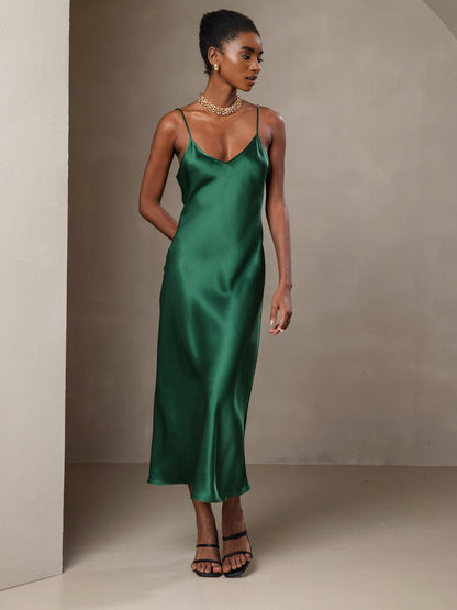 Rosstef 100% Mulberry Silk Spaghetti Strap V Neck Midi Dress