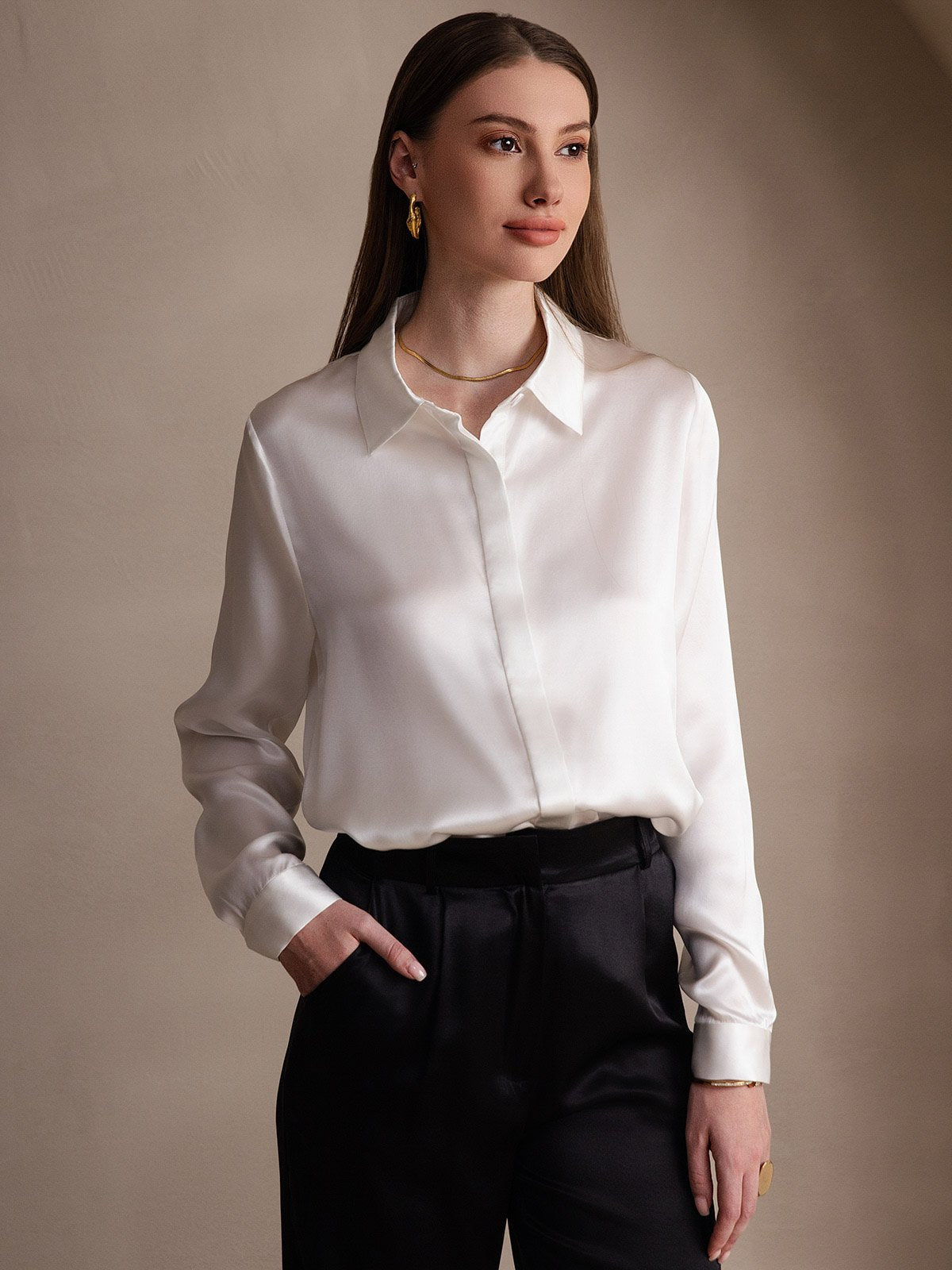 Rosstef 19Momme Silk Long Sleeve Lapel Collar Kadın Bluzu